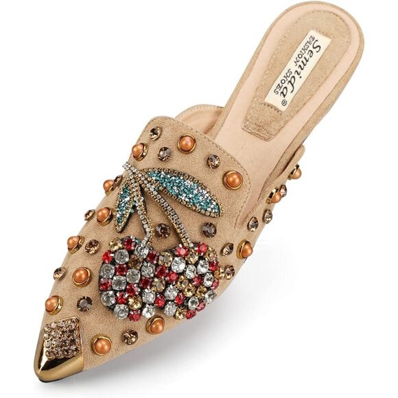 Shoes - Women's Khaki Flats Comfortable Soft  Insole Pointed Cherry  Rivet Mule Shoes